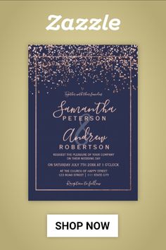 a blue and gold wedding card with the words zazzle on it