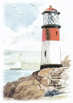 a watercolor painting of a lighthouse with a sailboat in the background