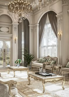 an elegant living room with chandelier and couches in the middle of it