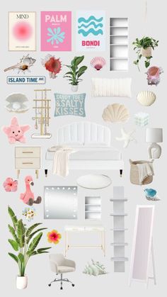 a collage of various items in white and pink