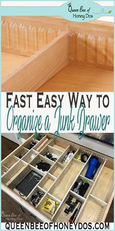 an open drawer with the words fast easy way to organize a junk drawer on it