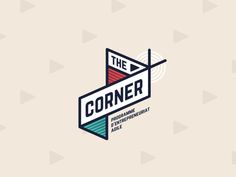 the corner logo on a beige background with triangular shapes and arrows in different colors, as well as an arrow