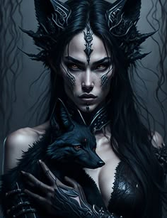 a woman with black hair holding a wolf in her arms and wearing horns on her head