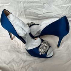 Beautiful Navy Blue Satin Badgley Mischka Stilettos. Stunning Jewel Cluster On Toe Area, Peep Toe. Worn X1, Mint Condition. Replaced Bottom Sole Pads For Extra Traction. Heel Height 3”. Women’s Size 7.5. Original Duster Bag And Extra Gems Included. Perfect For A “Something Blue” For A Wedding! 3 Women, Badgley Mischka Shoes, Blue Satin, Something Blue, Badgley Mischka, Mint Condition, Shoes Women Heels, A Wedding, Heel Height