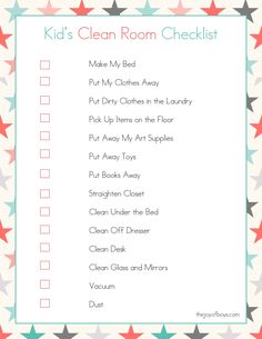 the kids clean room checklist is shown with red, white and blue stars on it