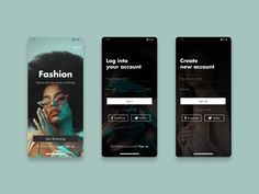 three mobile phone screens showing the fashion app and their user's name on them