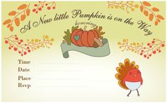 a little pumpkin is on the way baby shower card with an image of a turkey