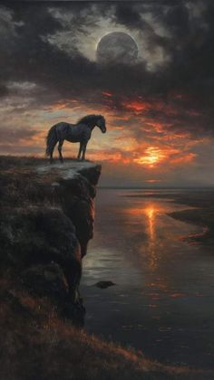 a painting of a horse standing on top of a cliff next to the ocean at sunset