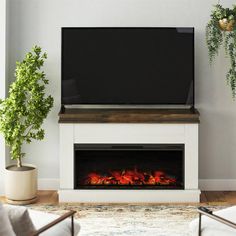 a living room with a television and fireplace