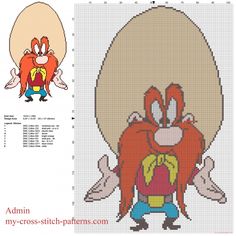 the cross - stitch pattern shows an image of two cartoon characters, one with a large egg