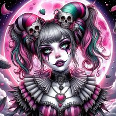 a painting of a woman with skulls on her head and pink hair in front of a full moon