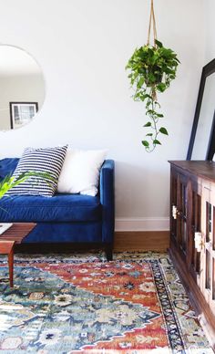 a living room with a blue couch, mirror and potted plant on the wall