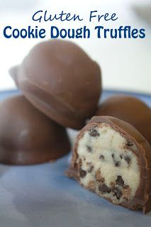 chocolate covered cookie doughnut truffles on a blue plate with text overlay that reads gluten free cookie dough truffles