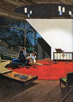 two people sitting on the floor in front of a red carpeted room with stairs