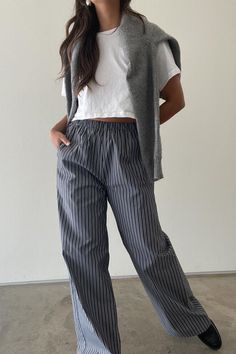 "l Stripe Straight Wide Leg Pants (PANTS ONLY)   l 85% Cotton, 12% Polyester, 3% Elastane    * MODEL IS 5'3\" AND IS WEARING A SMALL." Striped Linen Pants Outfit, Straight Wide Leg Pants, Linen Pants Outfit, Striped Linen Pants, Pantalon Large, Striped Linen, Linen Pants, Pants Outfit, Striped Dress