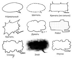 different types of speech bubbles are shown in black and white, as well as the words