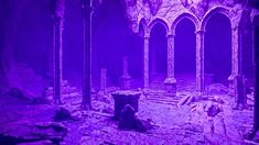 the interior of an abandoned building with purple lighting