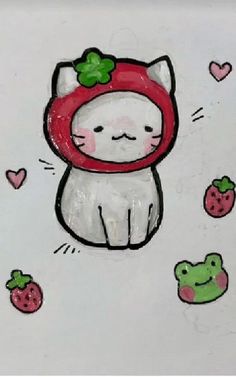 a drawing of a cat wearing a red hat and holding a frog on it's back