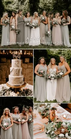 the bridesmaids are posing for pictures with their wedding cake