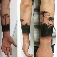 two pictures show the same arm with trees on it