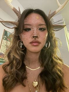 How To Make Deer Ears, Rudolph Costume For Women, Deer Nose Makeup, Goat Halloween Costume, Deer Costume Aesthetic, Dear Makeup Halloween, Doe Makeup Look, Rain Deer Makeup, Diy Deer Costume For Women