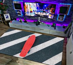 a skateboard laying on the ground in front of a tv