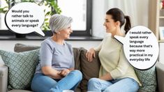 two women sitting on a couch talking to each other with speech bubbles above their heads