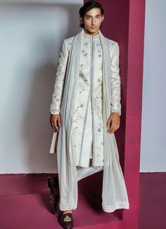 Ivory Floral Embellished Sherwani Set With Stole Contrast By Parth - Fabilicious Fashion Ivory Sherwani, Kurta Pants, Embroidered Sherwani, Wedding Outfits For Groom, Vacuum Storage, Engagement Ceremony, Luxury Sale, End Of Season Sale, Churidar