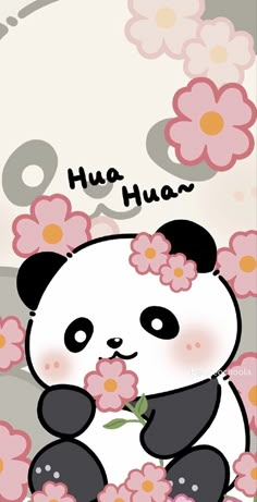 a panda bear with pink flowers on it's chest