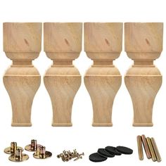 six wooden knobs and screws are shown in this image, including one for the top