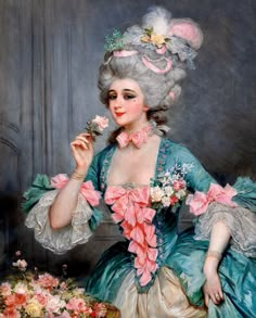 a painting of a woman with flowers in her hair standing next to a cake on a table