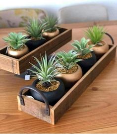 two wooden trays filled with plants sitting on top of a wood table next to each other