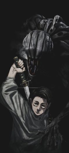 a woman holding a knife in front of a monster