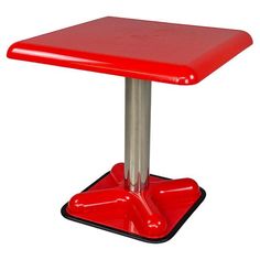 a red square table with two legs and a metal base on a white background,