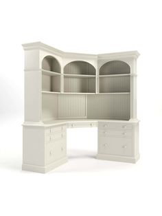 a white desk with shelves and drawers on it's sides, in front of a white background