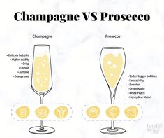 champagne vs prosceco info graphic on white marble background with yellow and black text