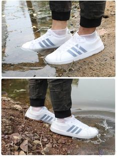 two pictures of someone's feet in the water and one is wearing white shoes