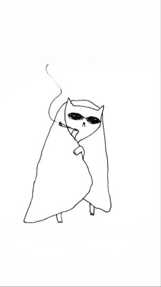 a black and white drawing of a cat with sunglasses on it's head wearing a cape