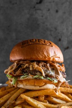 a large sandwich and french fries are on a plate in front of a gray wall