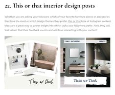 the interior design postcard is shown with photos and text