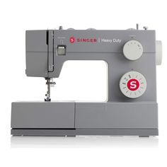 the singer heavy duty sewing machine is grey and has buttons on each side of the machine