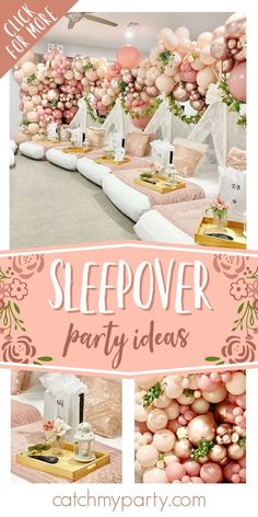 a pink and white party with balloons on the wall