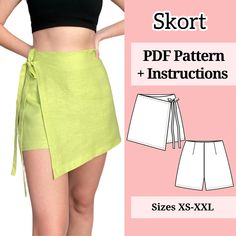 a woman wearing shorts and a crop top, with the text skort pdf pattern instructions