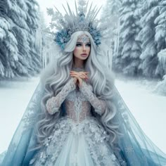 a woman with long white hair wearing a blue and white dress standing in the snow