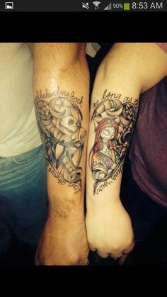 two people with tattoos on their legs