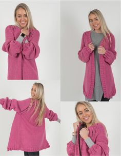 four photos of a woman wearing a pink sweater and holding a cell phone in her right hand