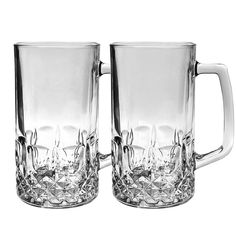 two clear glass mugs sitting next to each other on a white background with no one in the photo