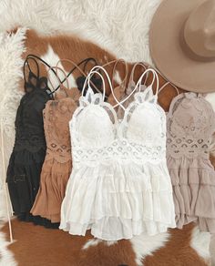 Lace Ruffle Cami Top V-neck, Adjustable Crossback Spaghetti Straps. fit: true to size What To Wear To A Koe Wetzel Concert, Country Tops For Women, Country Crop Tops, Western Clothing For Women, Cute Western Tops, Cute Country Concert Outfits Summer, Womens Country Outfits, Girly Country Outfits, Country Clothes Women