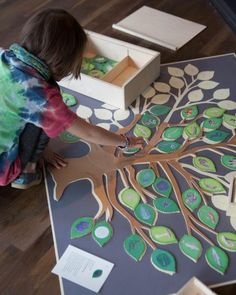 a young child is painting a tree on the floor