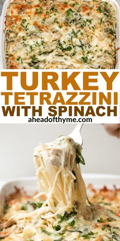 a casserole dish with chicken and spinach is being lifted by a fork